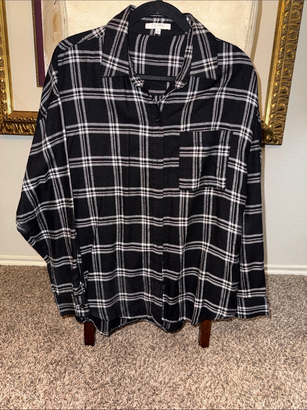 Z Supply Black & White Plaid Button-Down Shirt Size Large